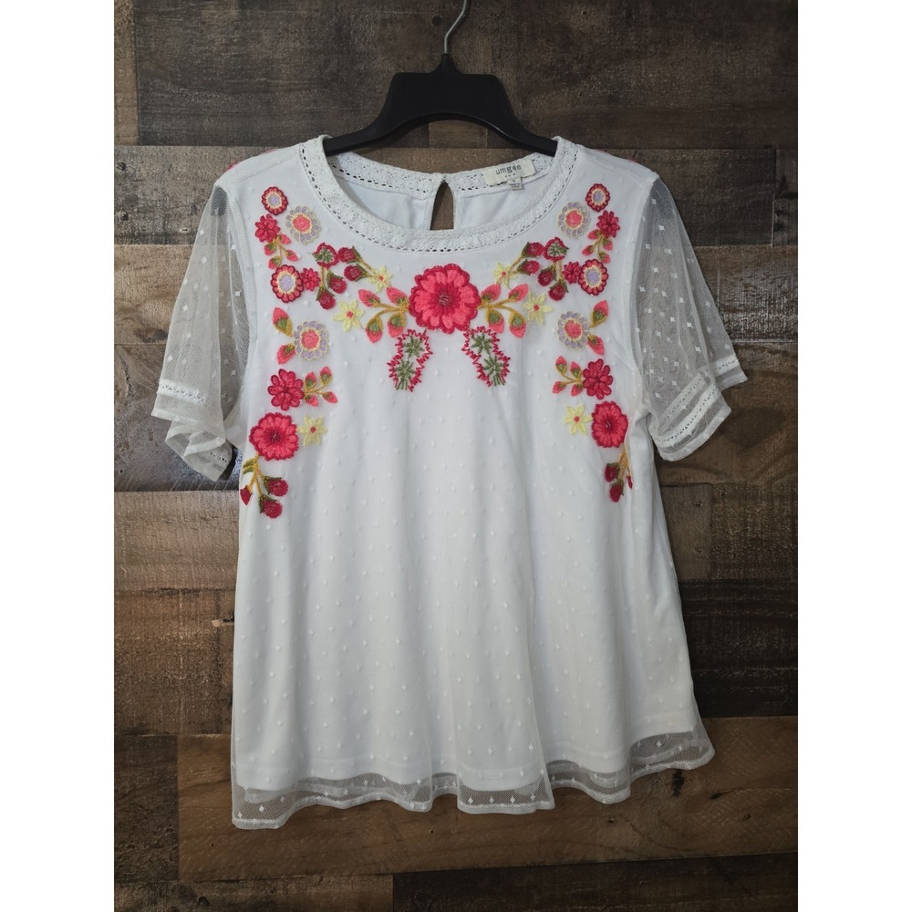 Umgee Mesh Overlay Embroidered Floral Top Small Boho Fairycore Cottagecore